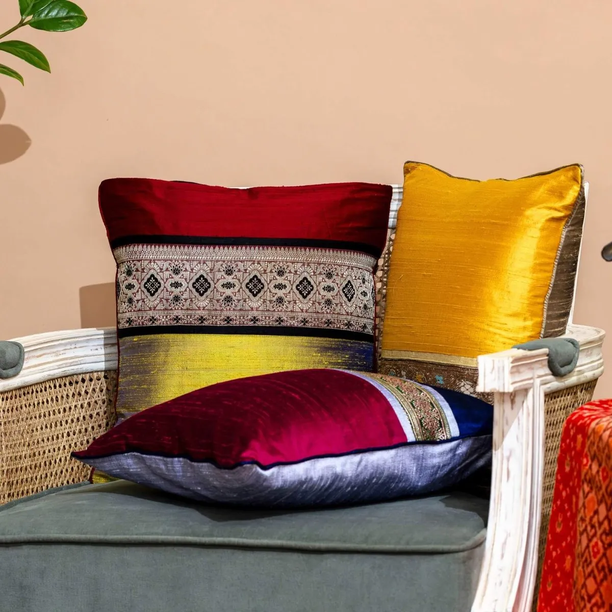 Banarasi Silk Cushion Cover in Lime & Maroon