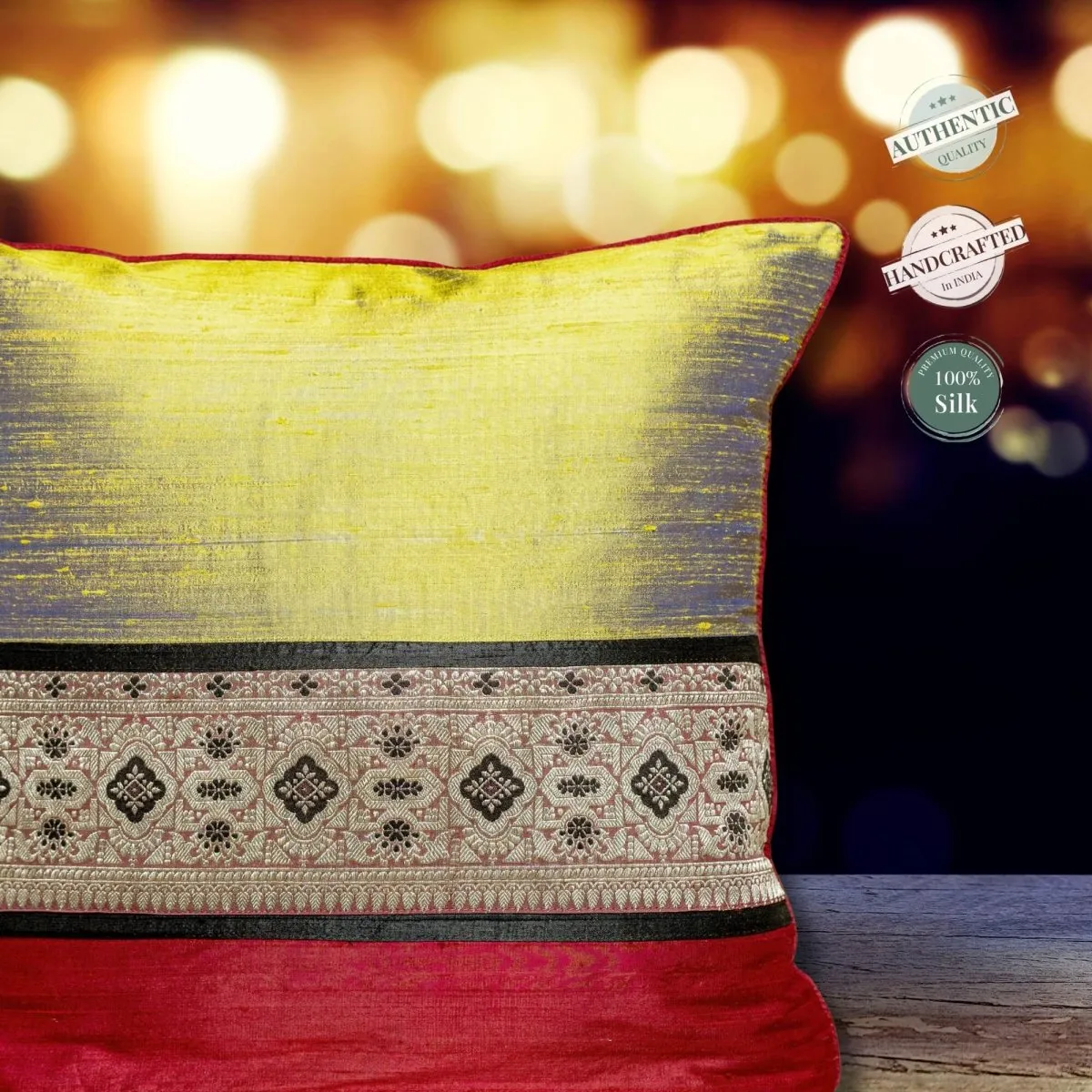 Banarasi Silk Cushion Cover in Lime & Maroon