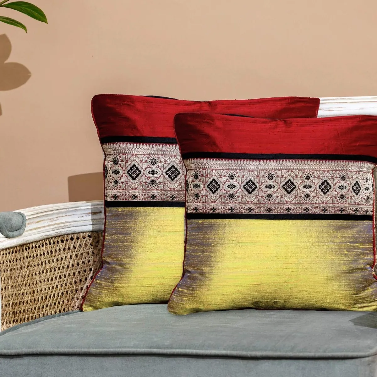 Banarasi Silk Cushion Cover in Lime & Maroon