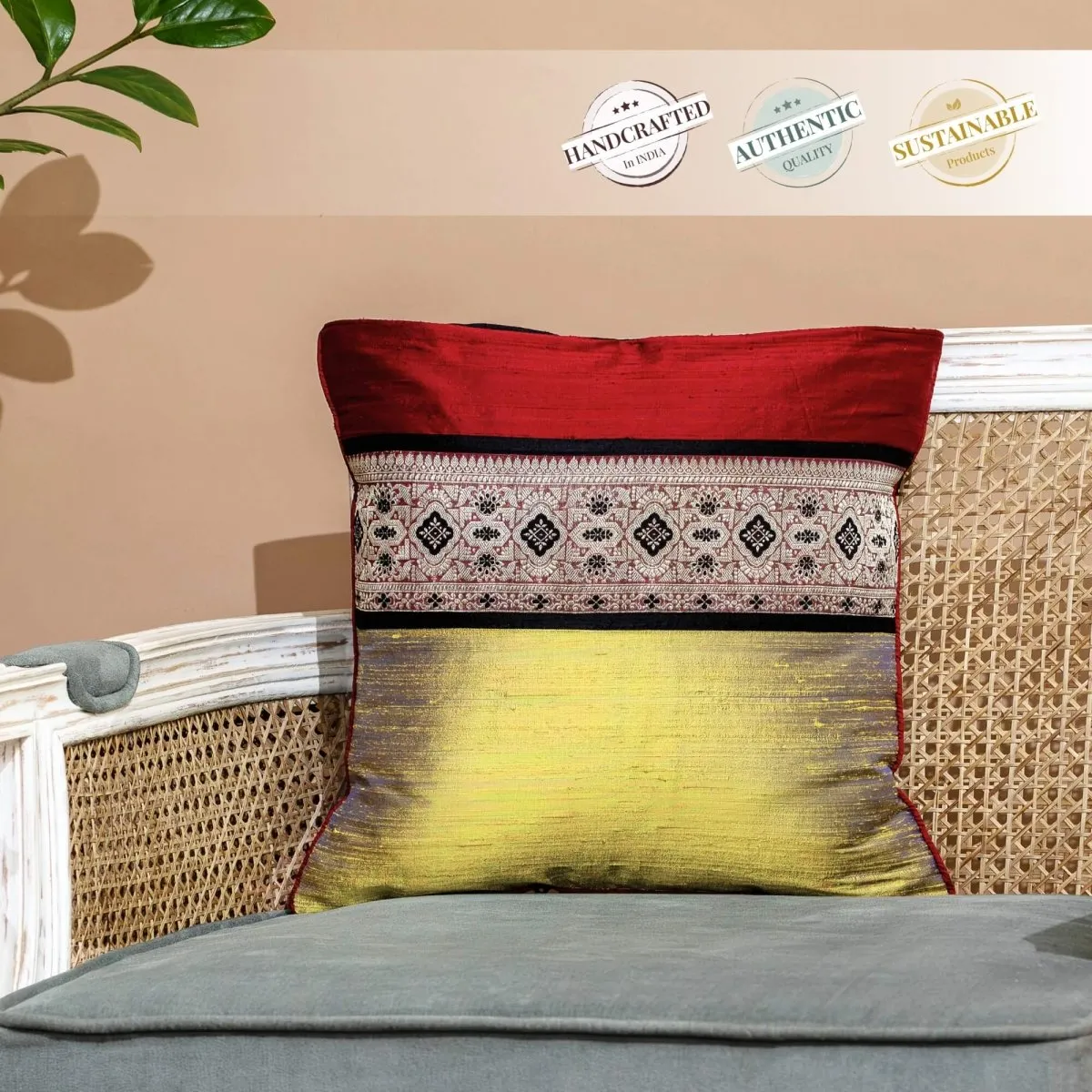 Banarasi Silk Cushion Cover in Lime & Maroon
