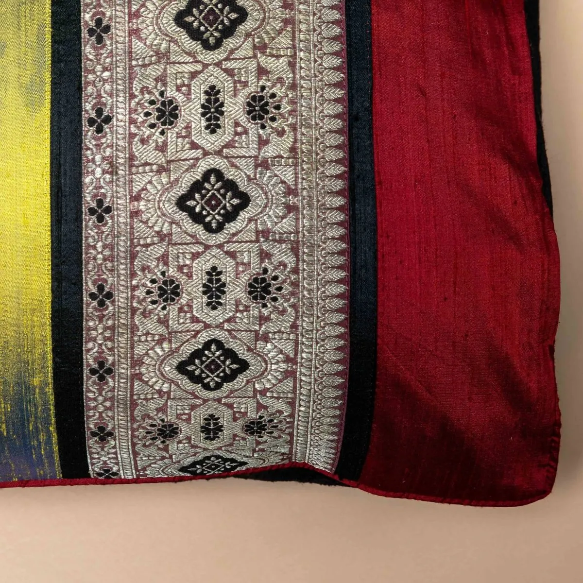 Banarasi Silk Cushion Cover in Lime & Maroon