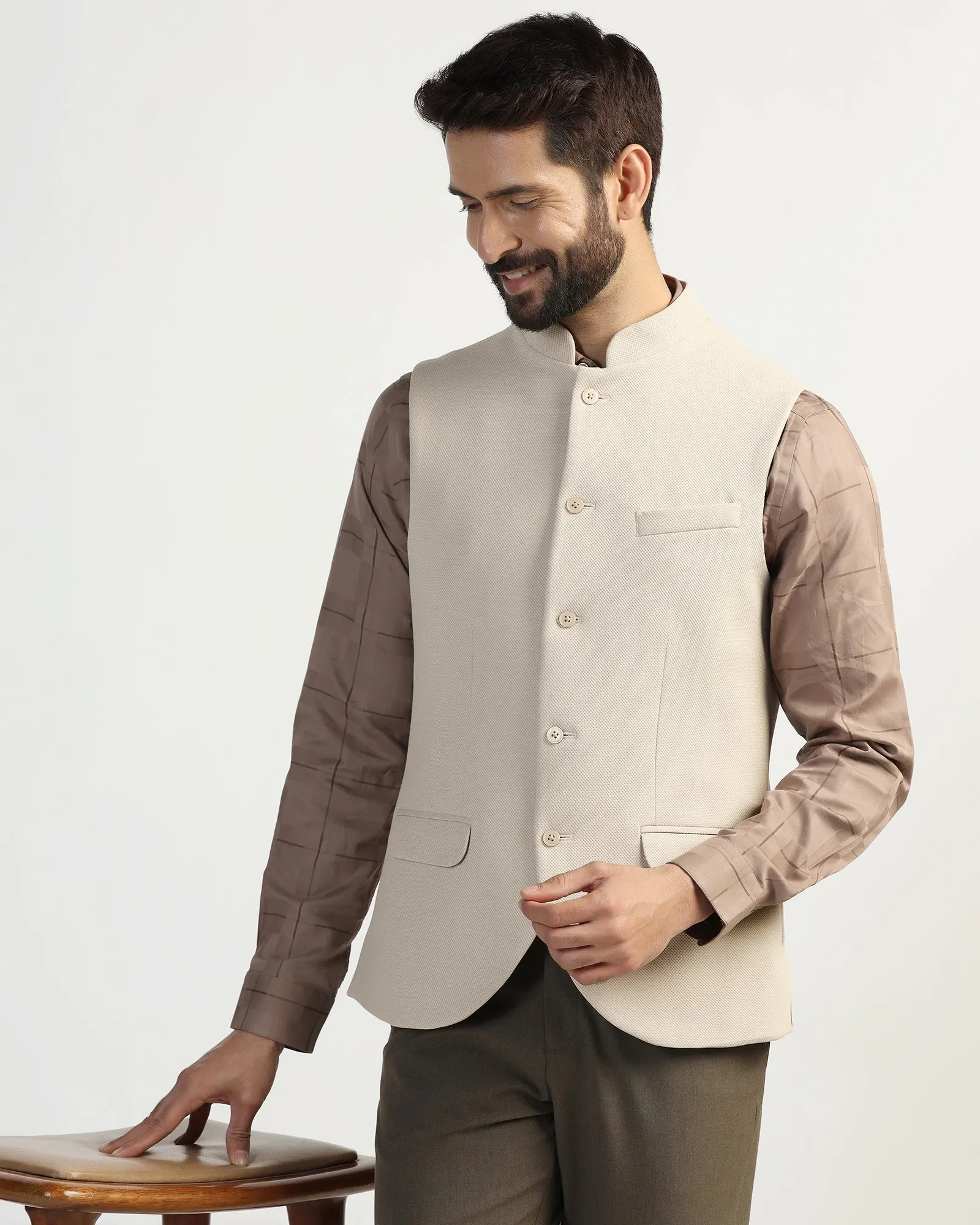 Bandhgala Formal Beige Textured Waistcoat - Clarins
