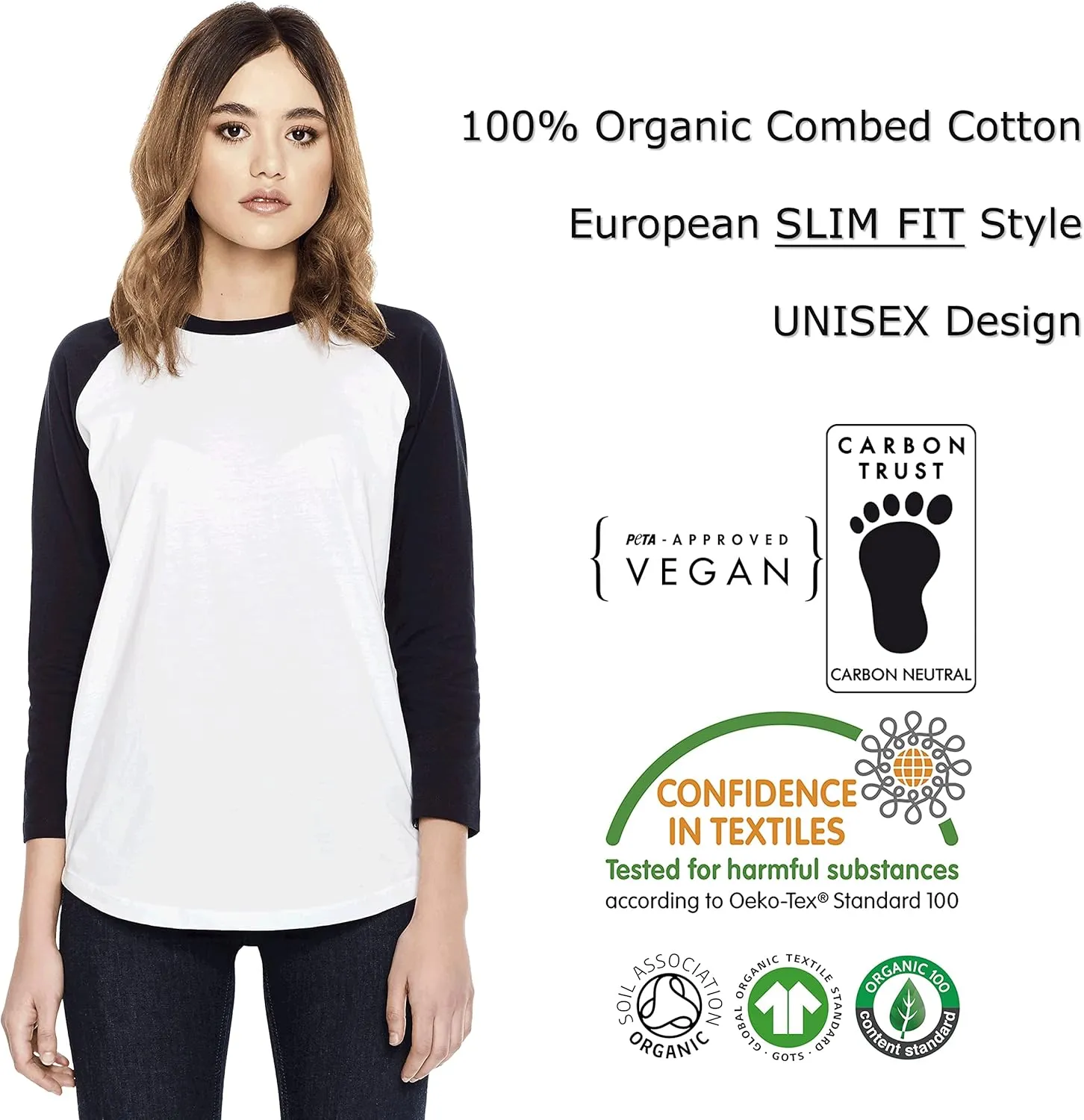 Baseball Tee T Shirts for Women | Raglan Jersey 3/4 Long Sleeve | Organic Cotton
