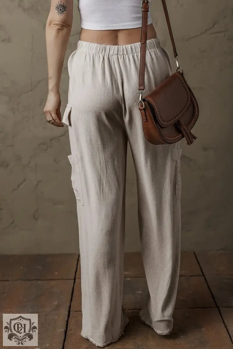 Beige Boho Linen Drawstring Waist Raw Edge Cargo Loose Pants