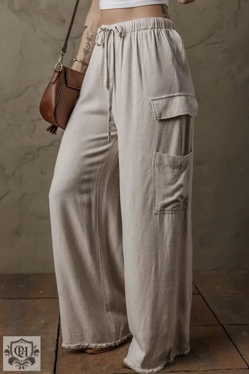 Beige Boho Linen Drawstring Waist Raw Edge Cargo Loose Pants