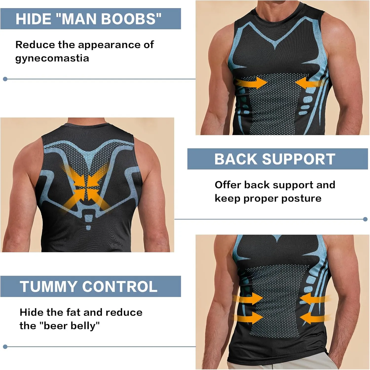 Beotyshow Ionic Shaping Sleeveless Shirt Gynecomastia Compression Shirts Slimming Body Shaper Vest Shapewear Tank Top for Men