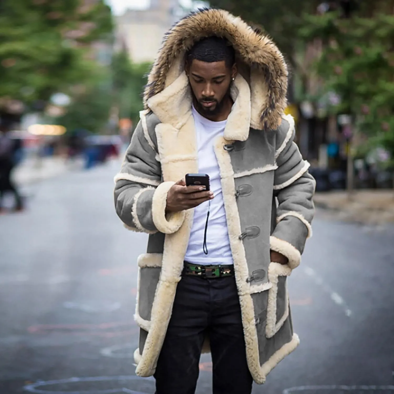 Big and Tall Shearling Coats for Men Sherpa Fleece Lined Sheepskin Leather Jackets Warm Long Trench Coats with Hood