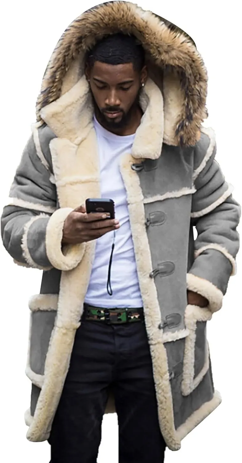 Big and Tall Shearling Coats for Men Sherpa Fleece Lined Sheepskin Leather Jackets Warm Long Trench Coats with Hood