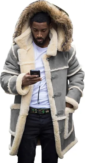 Big and Tall Shearling Coats for Men Sherpa Fleece Lined Sheepskin Leather Jackets Warm Long Trench Coats with Hood