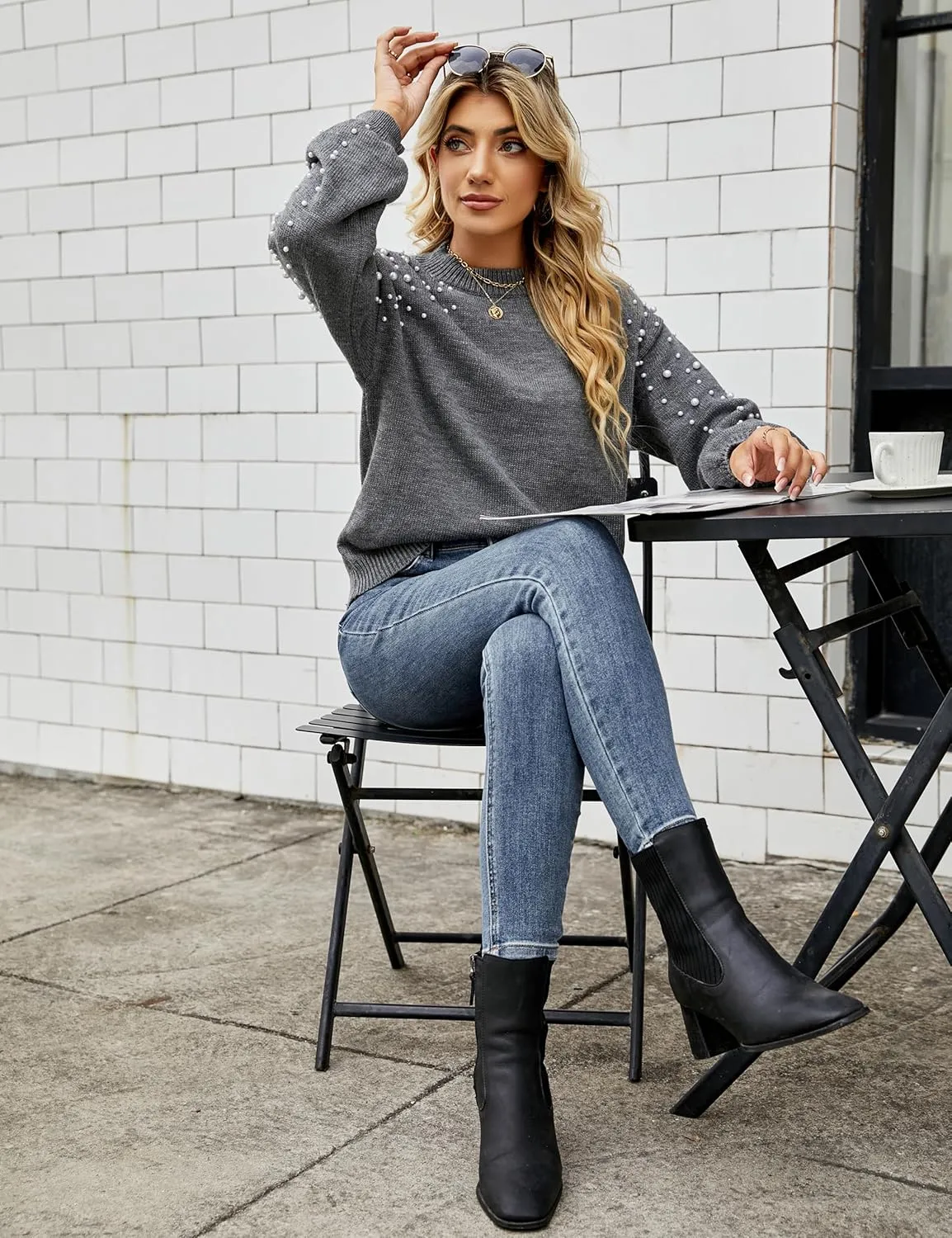 Blooming Jelly Women's Chunky Sweater Crewneck Sweatshirt Knit Lantern Sleeve Oversized Pullover Sweater with Pearls