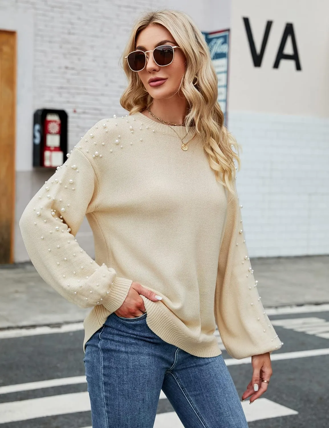 Blooming Jelly Women's Chunky Sweater Crewneck Sweatshirt Knit Lantern Sleeve Oversized Pullover Sweater with Pearls