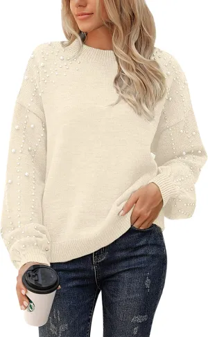 Blooming Jelly Women's Chunky Sweater Crewneck Sweatshirt Knit Lantern Sleeve Oversized Pullover Sweater with Pearls