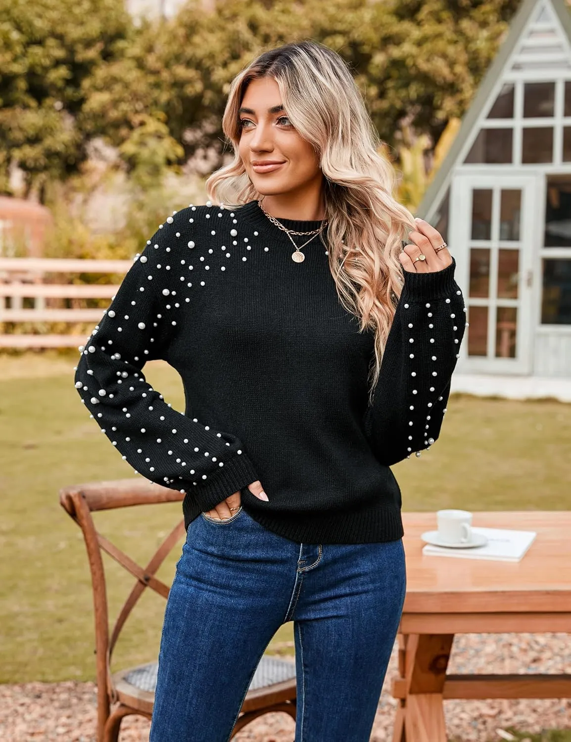 Blooming Jelly Women's Chunky Sweater Crewneck Sweatshirt Knit Lantern Sleeve Oversized Pullover Sweater with Pearls