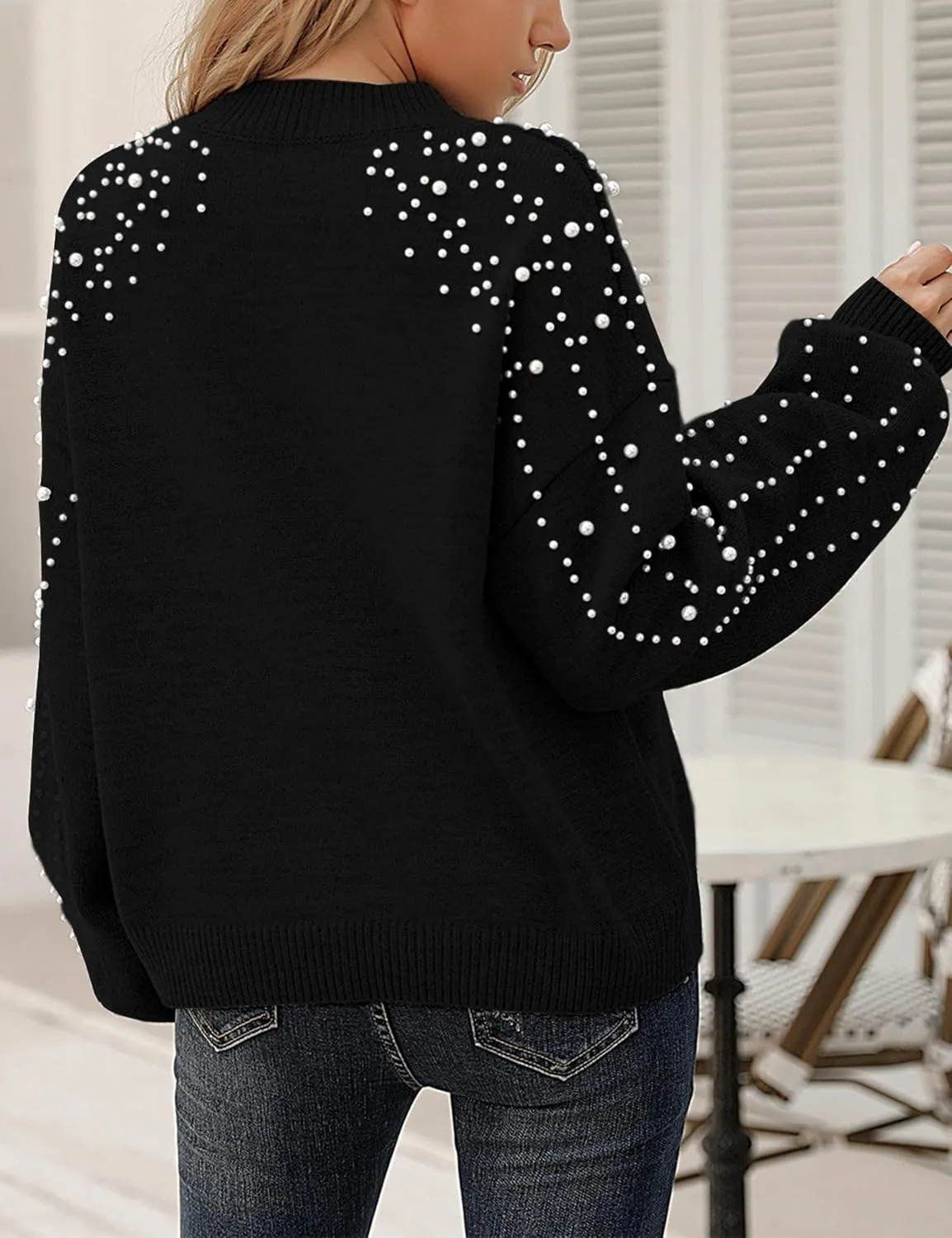 Blooming Jelly Women's Chunky Sweater Crewneck Sweatshirt Knit Lantern Sleeve Oversized Pullover Sweater with Pearls