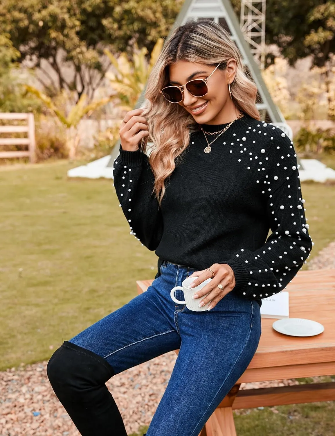 Blooming Jelly Women's Chunky Sweater Crewneck Sweatshirt Knit Lantern Sleeve Oversized Pullover Sweater with Pearls