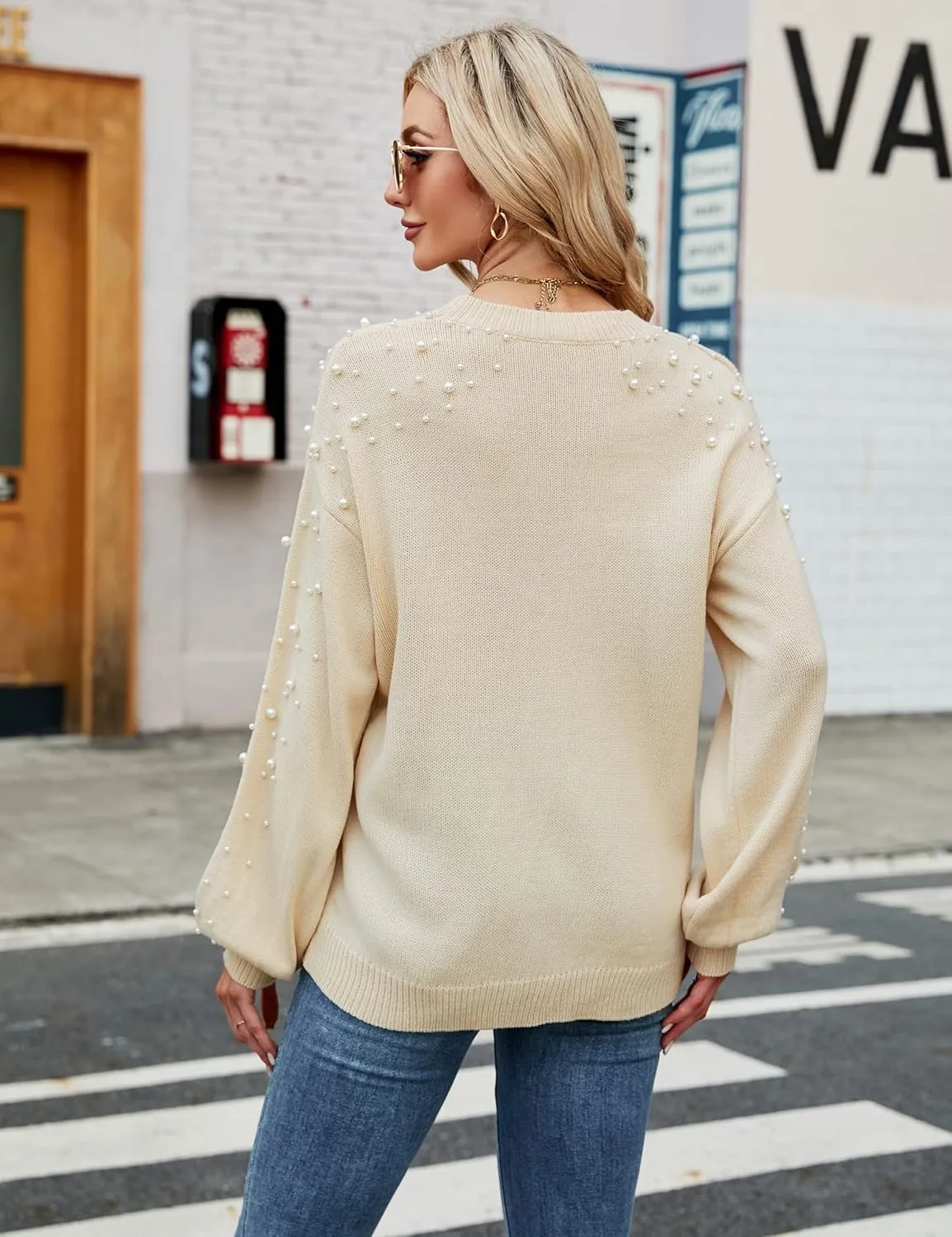 Blooming Jelly Women's Chunky Sweater Crewneck Sweatshirt Knit Lantern Sleeve Oversized Pullover Sweater with Pearls