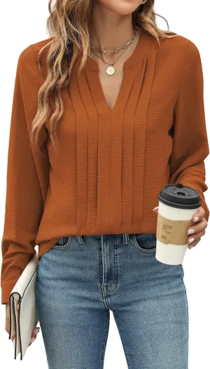 Blooming Jelly Women's Dressy Casual Blouses Business Work Tops Long Sleeve V Neck Pleated Shirts 2025 Fall Outfits