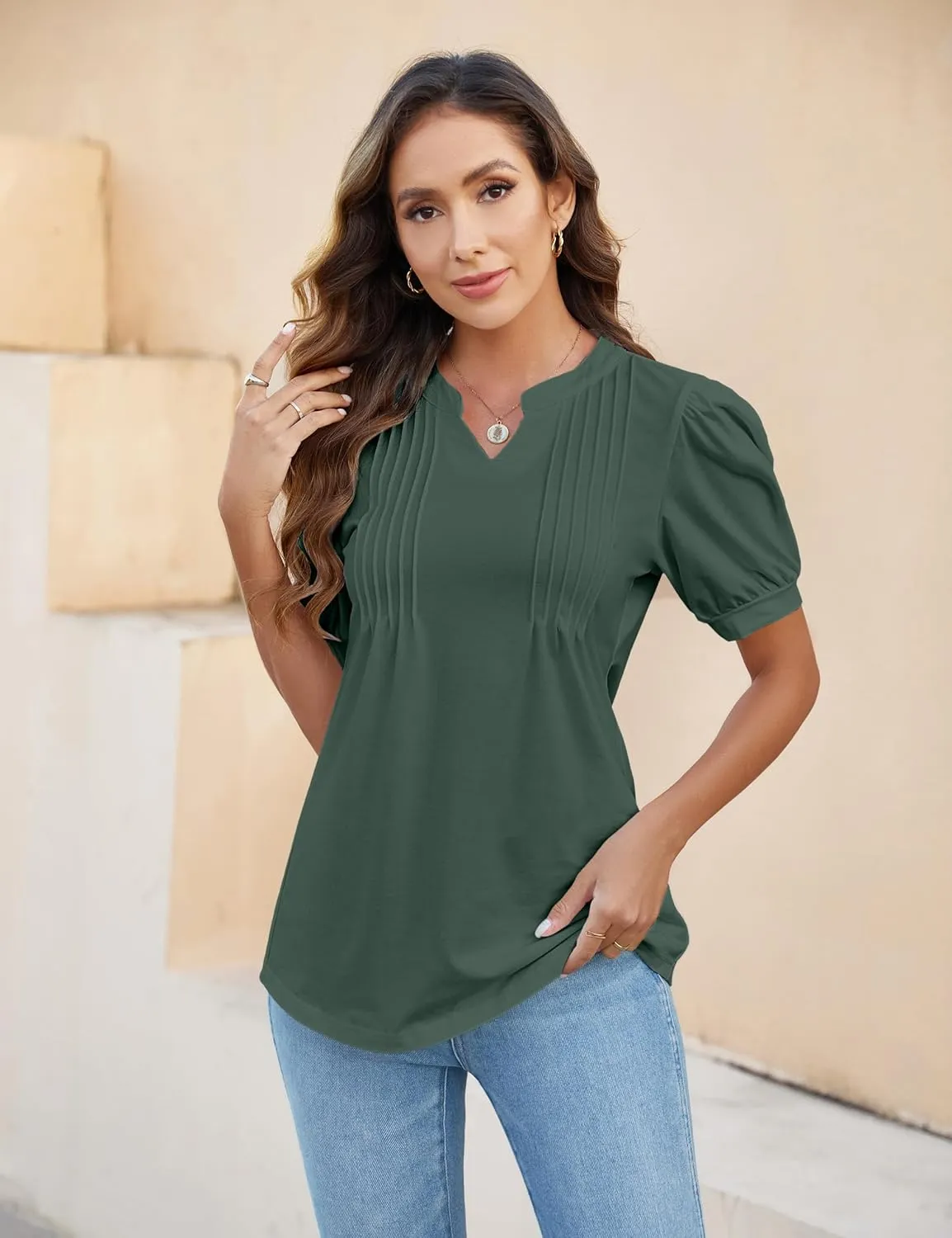 Blooming Jelly Womens Dressy Casual Tops Puff Sleeve Work Blouses Pleated V Neck T Shirts