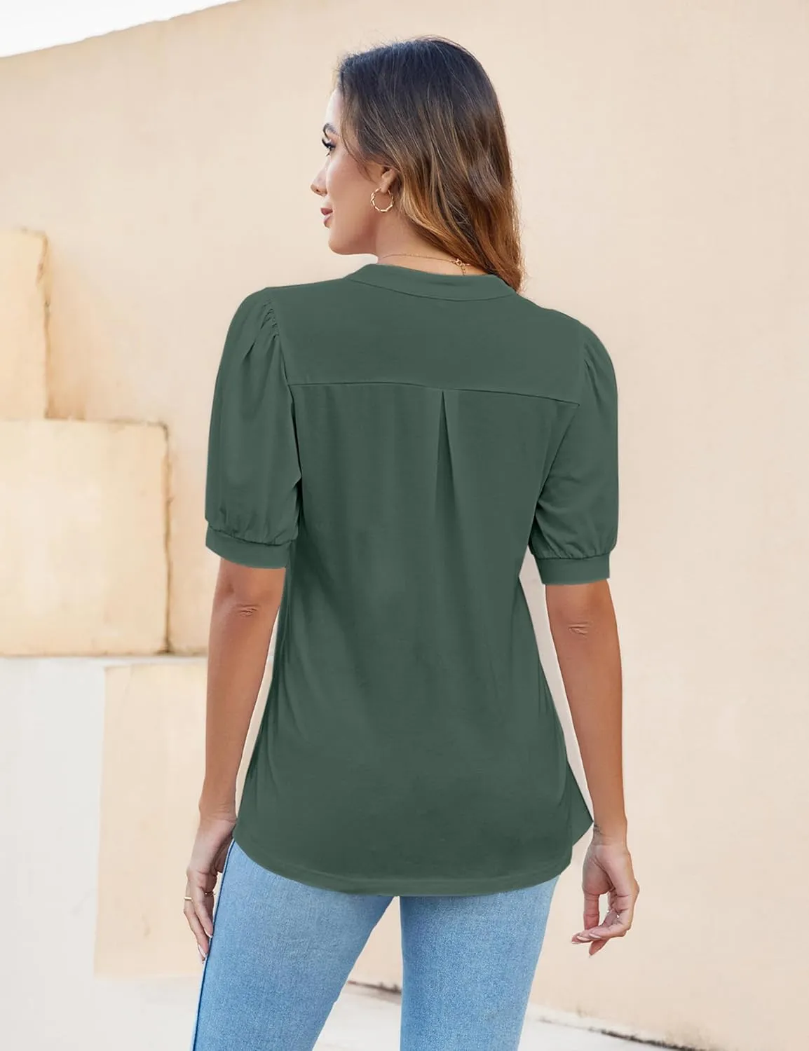 Blooming Jelly Womens Dressy Casual Tops Puff Sleeve Work Blouses Pleated V Neck T Shirts