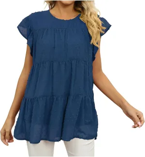 Blouses for Women Dressy Dasual Ruffle Short Sleeve T Shirts Crewneck Plain Basic Tees Trendy Sexy Summer Tops