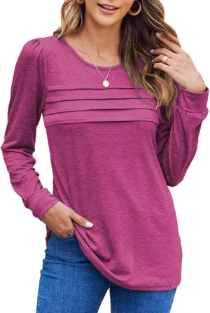 Bluetime Long Sleeve Shirts for Women 2024 Fall Fashion Tunic Tops for Leggings Pleated Front Dressy Casual Blouses