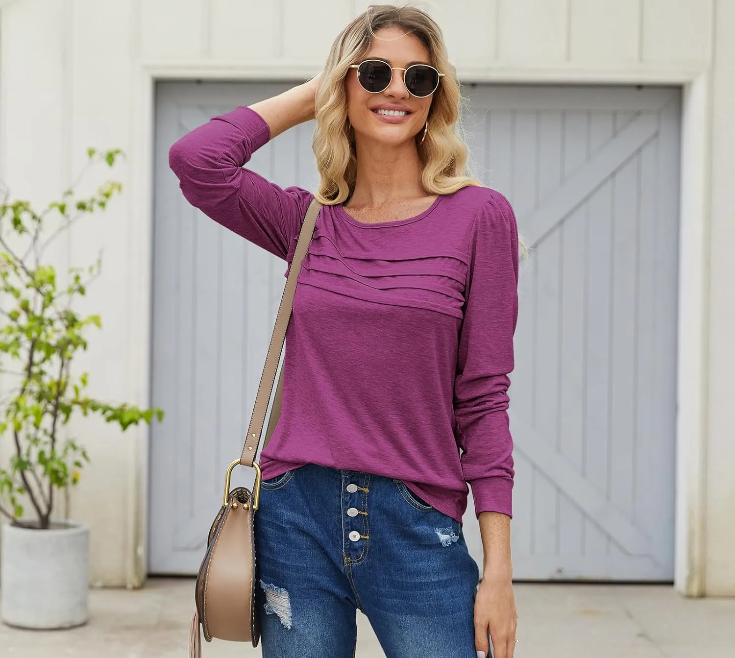 Bluetime Long Sleeve Shirts for Women 2024 Fall Fashion Tunic Tops for Leggings Pleated Front Dressy Casual Blouses