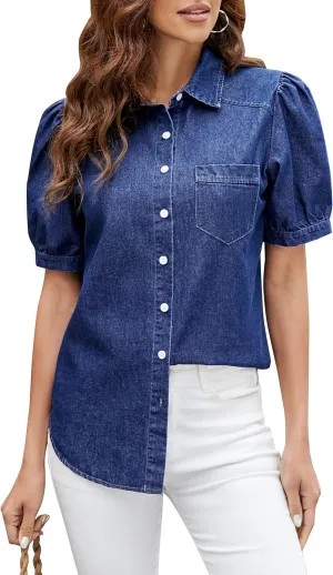 BMJL Womens Denim Shirt Business Casual Button Down Work Blouses Puff Sleeve Summer Tops