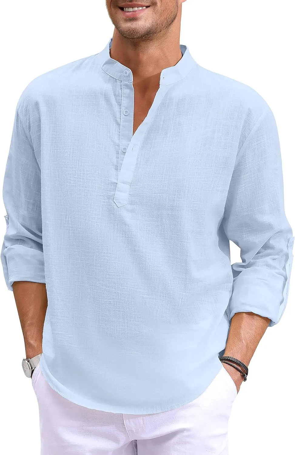 Boisouey Men's Cotton Linen Henley Shirt Long Sleeve Hippie Casual Beach T Shirts