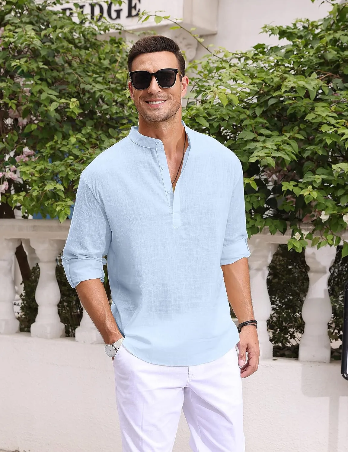 Boisouey Men's Cotton Linen Henley Shirt Long Sleeve Hippie Casual Beach T Shirts