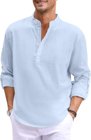Boisouey Men's Cotton Linen Henley Shirt Long Sleeve Hippie Casual Beach T Shirts