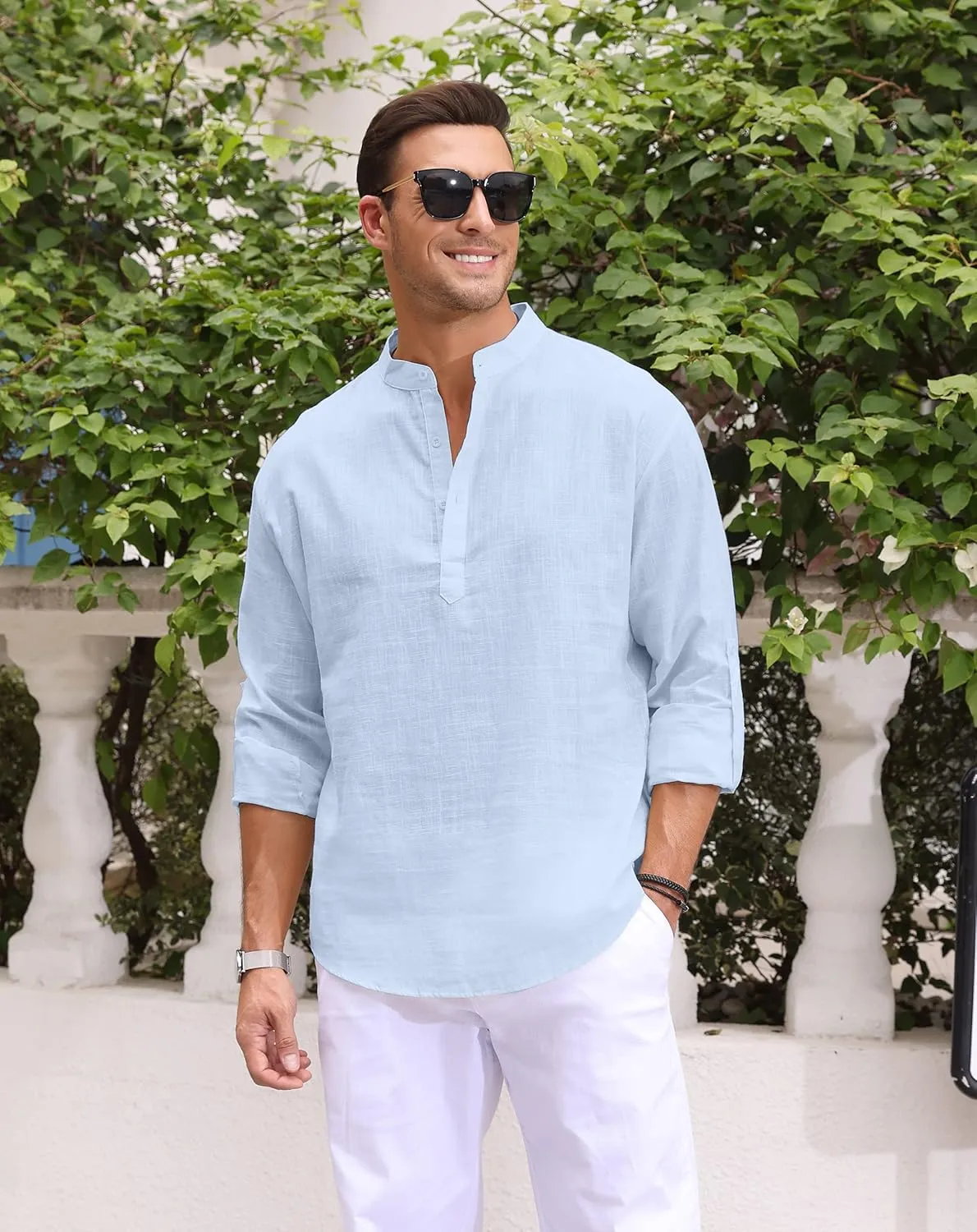 Boisouey Men's Cotton Linen Henley Shirt Long Sleeve Hippie Casual Beach T Shirts