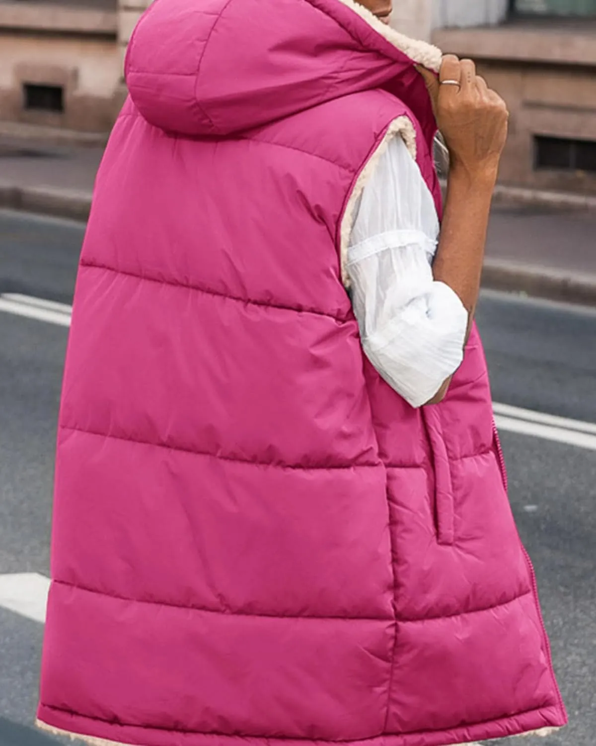 BTFBM Fall Long Puffer Vest Women Sleeveless Hooded Reversible Fleece Sherpa Jacket Zip Up Winter Coat Outerwear Vests