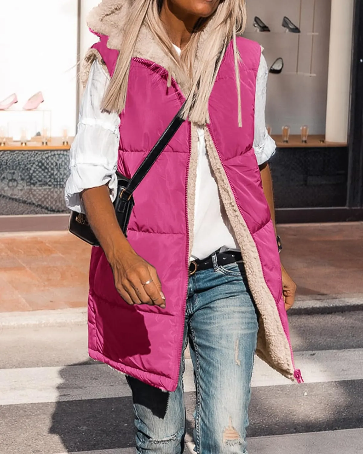 BTFBM Fall Long Puffer Vest Women Sleeveless Hooded Reversible Fleece Sherpa Jacket Zip Up Winter Coat Outerwear Vests