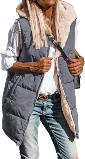 BTFBM Fall Long Puffer Vest Women Sleeveless Hooded Reversible Fleece Sherpa Jacket Zip Up Winter Coat Outerwear Vests