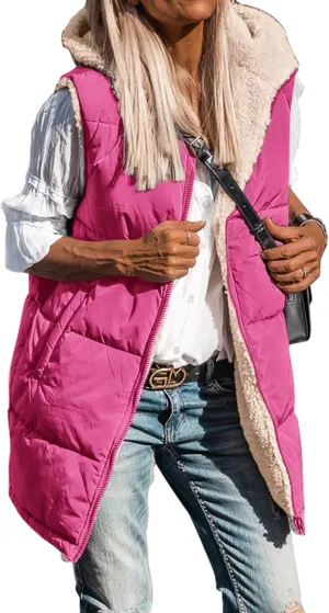 BTFBM Fall Long Puffer Vest Women Sleeveless Hooded Reversible Fleece Sherpa Jacket Zip Up Winter Coat Outerwear Vests