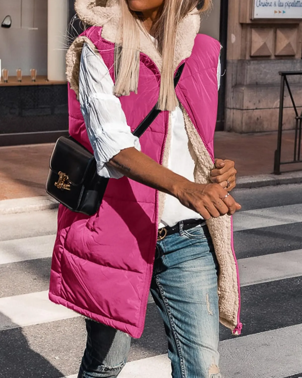 BTFBM Fall Long Puffer Vest Women Sleeveless Hooded Reversible Fleece Sherpa Jacket Zip Up Winter Coat Outerwear Vests