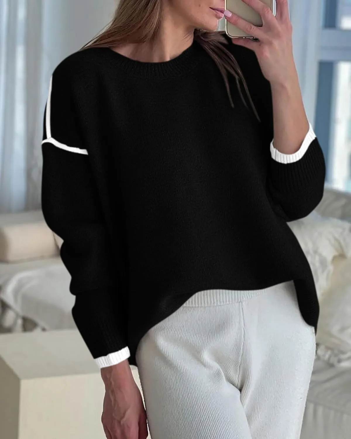 BTFBM Fall Sweaters for Women 2025 Trendy Casual Crew Neck Long Sleeve Loose Ribbed Knit Sweater Pullover Jumper Tops