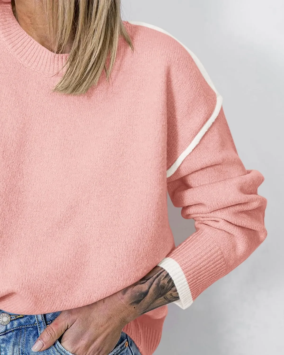 BTFBM Fall Sweaters for Women 2025 Trendy Casual Crew Neck Long Sleeve Loose Ribbed Knit Sweater Pullover Jumper Tops