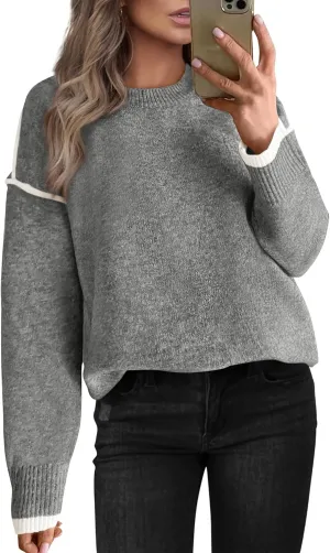 BTFBM Fall Sweaters for Women 2025 Trendy Casual Crew Neck Long Sleeve Loose Ribbed Knit Sweater Pullover Jumper Tops