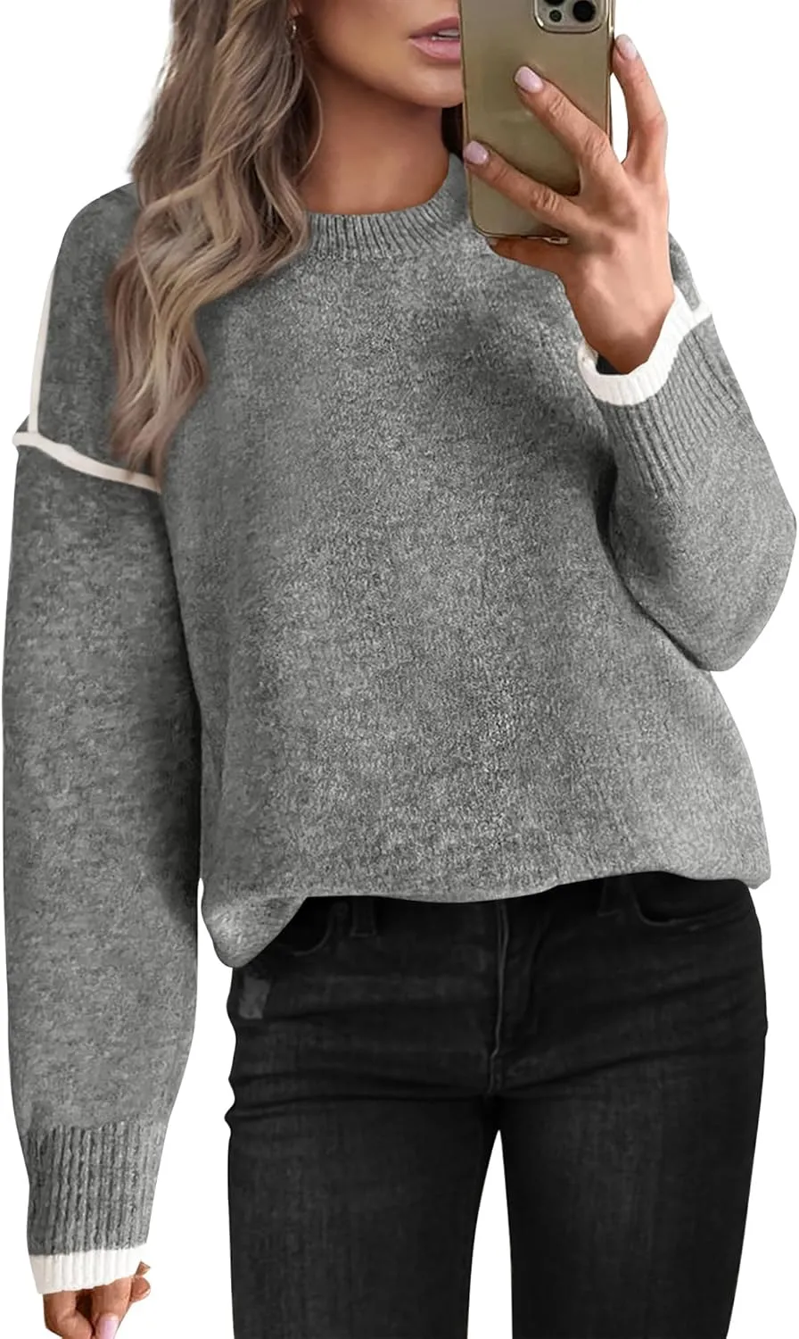 BTFBM Fall Sweaters for Women 2025 Trendy Casual Crew Neck Long Sleeve Loose Ribbed Knit Sweater Pullover Jumper Tops