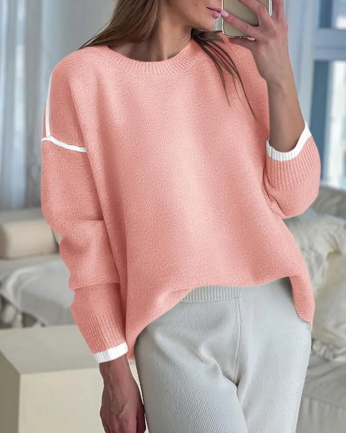 BTFBM Fall Sweaters for Women 2025 Trendy Casual Crew Neck Long Sleeve Loose Ribbed Knit Sweater Pullover Jumper Tops