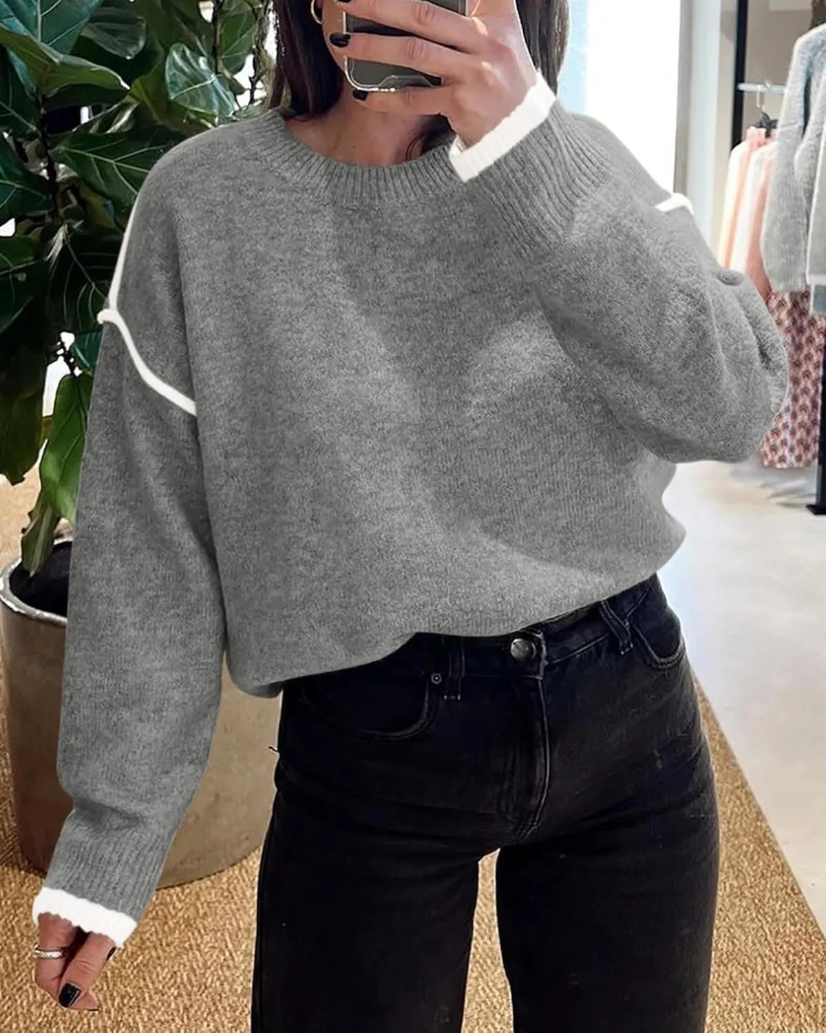 BTFBM Fall Sweaters for Women 2025 Trendy Casual Crew Neck Long Sleeve Loose Ribbed Knit Sweater Pullover Jumper Tops
