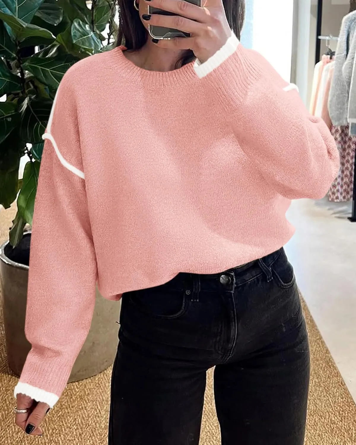 BTFBM Fall Sweaters for Women 2025 Trendy Casual Crew Neck Long Sleeve Loose Ribbed Knit Sweater Pullover Jumper Tops