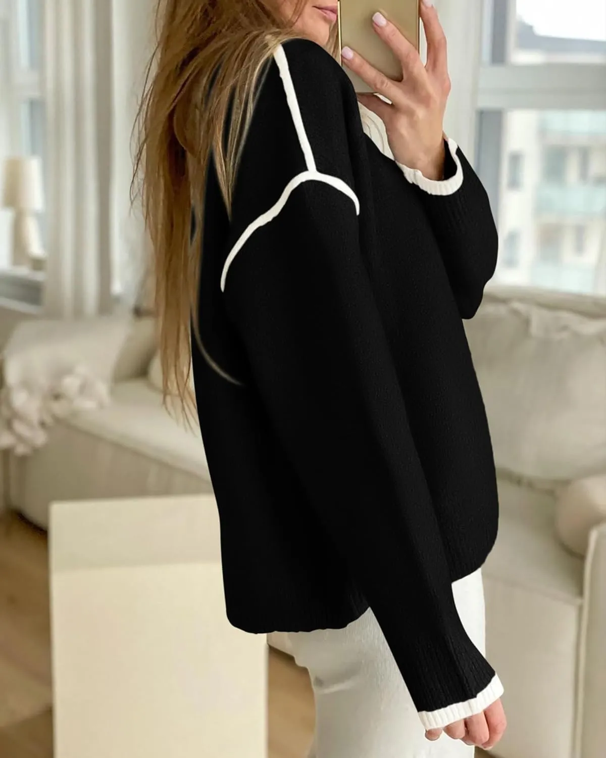 BTFBM Fall Sweaters for Women 2025 Trendy Casual Crew Neck Long Sleeve Loose Ribbed Knit Sweater Pullover Jumper Tops