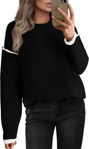 BTFBM Fall Sweaters for Women 2025 Trendy Casual Crew Neck Long Sleeve Loose Ribbed Knit Sweater Pullover Jumper Tops