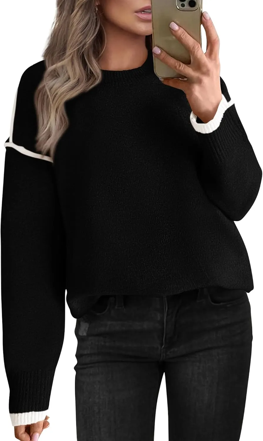 BTFBM Fall Sweaters for Women 2025 Trendy Casual Crew Neck Long Sleeve Loose Ribbed Knit Sweater Pullover Jumper Tops