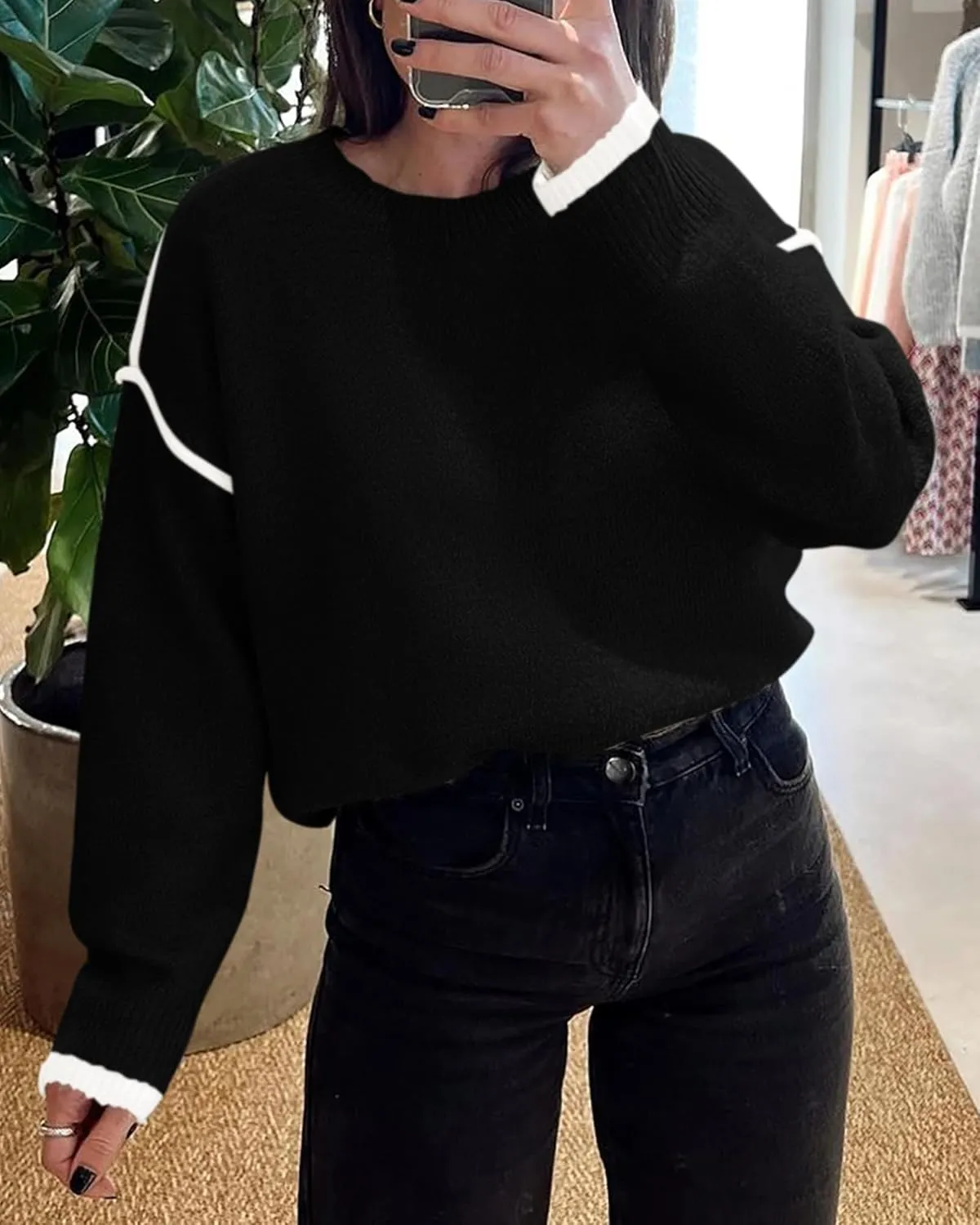 BTFBM Fall Sweaters for Women 2025 Trendy Casual Crew Neck Long Sleeve Loose Ribbed Knit Sweater Pullover Jumper Tops