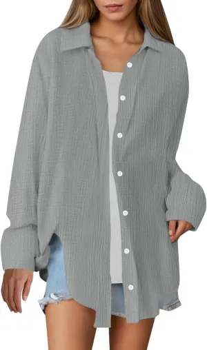 Button Blouses for Women, Fashion Beach Long Sleeve Vacation Casual Summer Outfits for Women