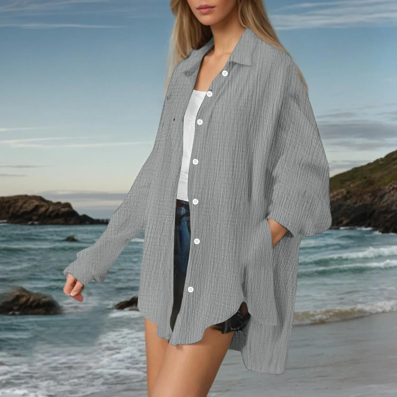 Button Blouses for Women, Fashion Beach Long Sleeve Vacation Casual Summer Outfits for Women