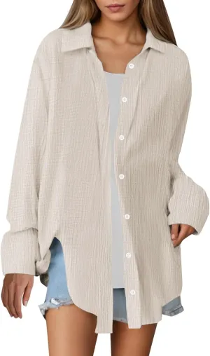 Button Blouses for Women, Fashion Beach Long Sleeve Vacation Casual Summer Outfits for Women